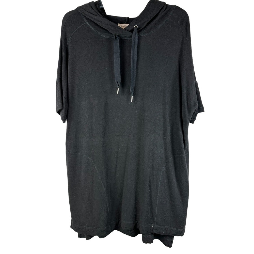 Philosophy Sz L Black Short Sleeve Hoodie Hi Lo Hem Pocket Relaxed